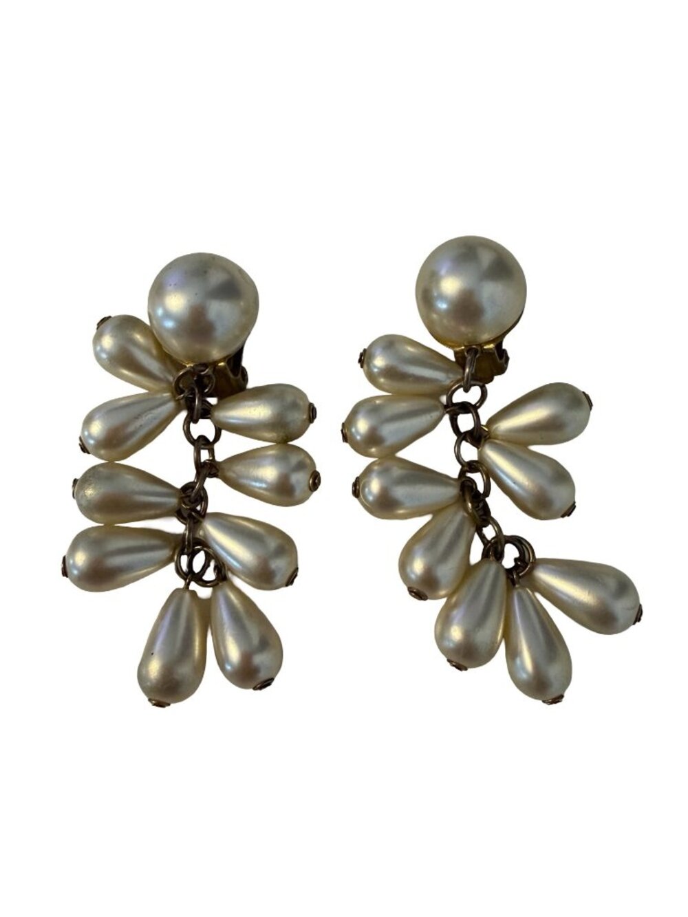 Vintage Faux Pearl Teardrop Dangle Clip On Earrings Mid Century Bridal Statement